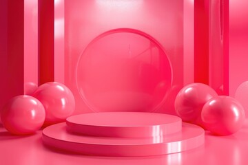A vibrant pink room with balloons and a podium. Great for event or celebration concepts