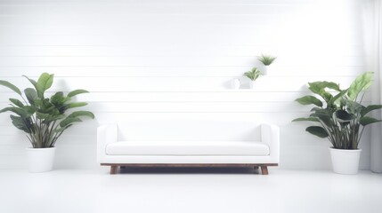 A white couch sits elegantly next to two potted plants in a minimalist setting