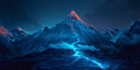 Futuristic mountain with glowing path to the top. Desktop wallpaper, sci fi environment. High quality photo