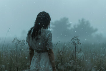 Naklejka premium Mystical Rainy Dusk: A Woman’s Silhouette Amidst Nature
