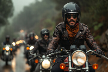 14. Vintage Motorcycle Rally: An energetic gathering of motorcyclists riding classic bikes, revving their engines as they set off on a scenic route to commemorate DiadoMotorista.