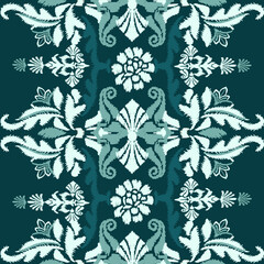 Ikat floral green embroidery on navy blue background.Ikat ethnic oriental pattern traditional.Aztec style abstract vector illustration.design for texture,fabric,clothing,wrapping,decoration,sarong.