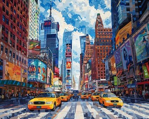 Transform a bustling city street scene into a mesmerizing Low-angle view Pointillism artwork, showcasing the play of light and shadows amidst diverse architecture