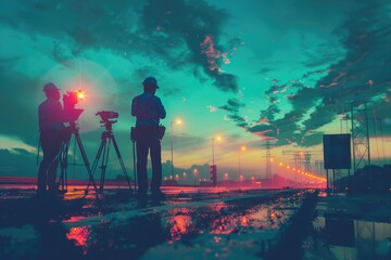 Fototapeta premium Couple of people standing on top of a street, suitable for urban concepts