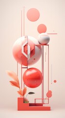 Pink and red abstract composition featuring circles and various shapes intertwining