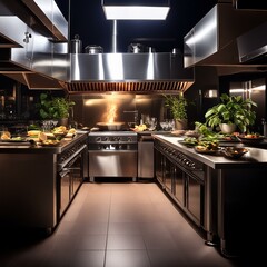 modern kitchen interior with kitchen, "Chiaroscuro Cuisine: Dark & Dynamic Kitchen with Ambient Under-Lighting"
