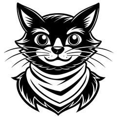 attractive, funny, kind, cunning, cat with a bandana up to his eyes, mnimalism, vector  logo,  engraving thin lines, black and white