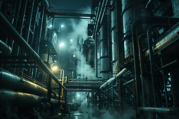 Dramatic lighting inside a petrochemical plant, pipes and tanks weaving an industrial ballet of processing and power 