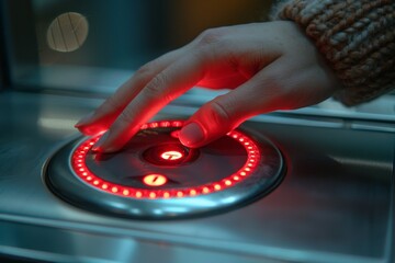 An image showcasing the action of a finger poised to press a glowing red button, suggesting a start or power function