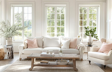 A bright and airy living room with white paneling, a light grey sofa, a cream armchair, a wooden coffee table, pastel pink pillows, plants on shelves, large windows with natural lighting