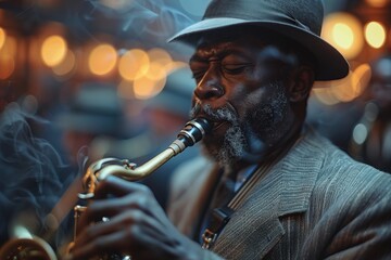 An elegantly dressed jazz musician playing a saxophone, captured in a moment of passionate music...