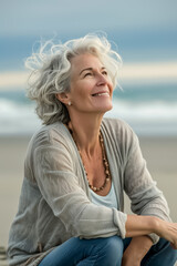 Fototapeta na wymiar A woman with gray hair is sitting on the beach, smiling