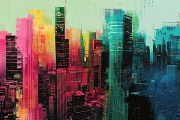 A cityscape painting featuring tall buildings. Suitable for urban-themed projects