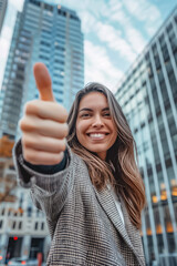 A woman is giving a thumbs up in front of a tall building
