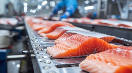 Fresh sea fish moving along a conveyor belt in a modern food processing plant