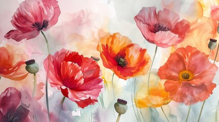 Boho style poppies painted in watercolor