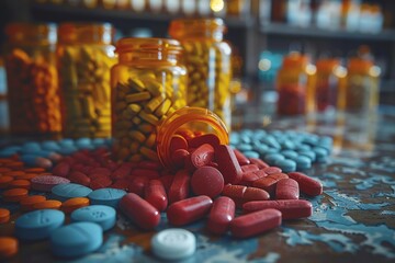 Striking image of an orange pill bottle on its side with red tablets spilling onto a patterned table