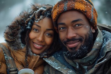 Cheerful pair with snowflakes in hair share a warm moment and a hot beverage