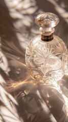 Closeup of a slender artistic luxury perfume bottle with intricate engravings, highlighted by soft, directional light that casts delicate shadows