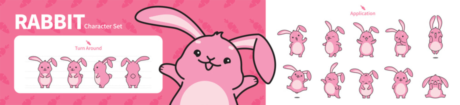 Set of cute rabbit character illustrations. Character turnaround and 10 moves.