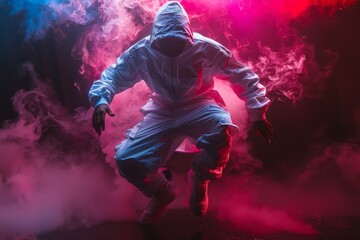 Fototapeta premium A street dancer mid-air surrounded by a dramatic burst of red and purple smoke, highlighting movement and art