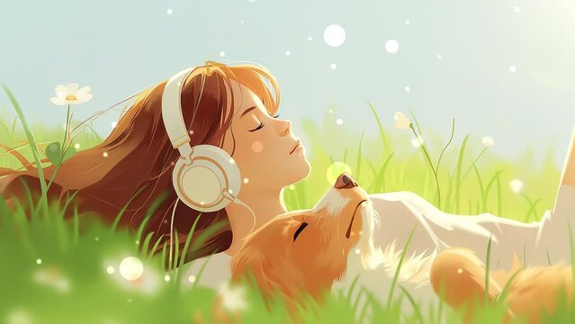 A handdrawn animated scene of a girl wearing white headphones, lying in the grass with her puppy dog beside her listening to music for positive energy 