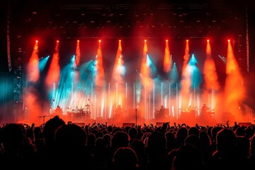 Fototapeta premium Dynamic capture of a live concert atmosphere with the crowd's silhouette against a backdrop of impressive stage lights and beams