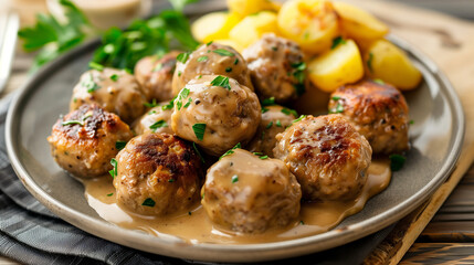 Fototapeta premium typical swedish meatball meal with potato and brown sauce