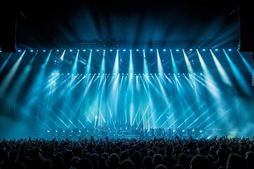 Large concert crowd enjoying a live music event with a stunning display of light beams and colorful stage effects