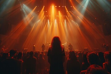 A crowd watching musicians on stage, backlit by vibrant concert stage lights during a live...