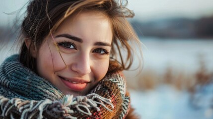 Portrait of a happy young woman with scarf indoors