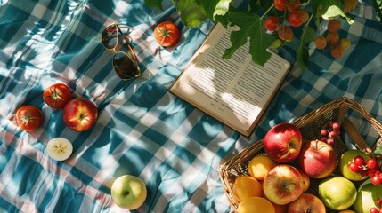 A plantbased picnic blanket with a variety of natural foods and a book on a beach with grass...