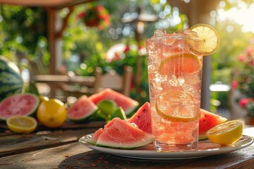 A summer refreshment with watermelon, lemon, ice in a tall glass, set on an outdoor wooden table amidst fruits