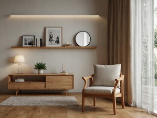 Inviting Modern Sanctuary, Cozy Modern Room with Natural Wooden Furniture in 3D Render