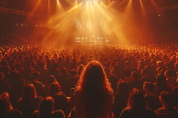 A sea of spectators is bathed in warm, gleaming light as they watch a performer on stage at a...