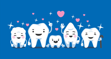 Healthy and happy teeth family characters.