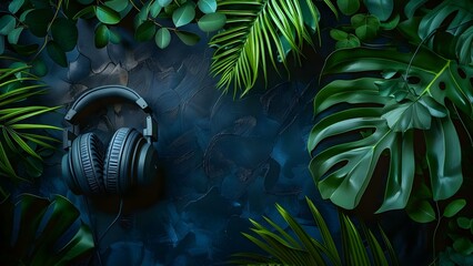 Microphone headphones plants dark background ideal for radio or podcast banners. Concept Microphone, Headphones, Plants, Dark Background, Podcast Banners
