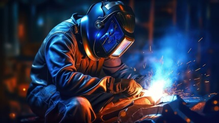 Welder working with mask and protective suit He welds pieces of metal with sparks flying in the air.AI generated image