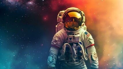 Colorful astronaut on moon in bright space background wearing spacesuit. Concept Space Exploration, Astronaut, Moon Landing, Space Suit, Colorful Background