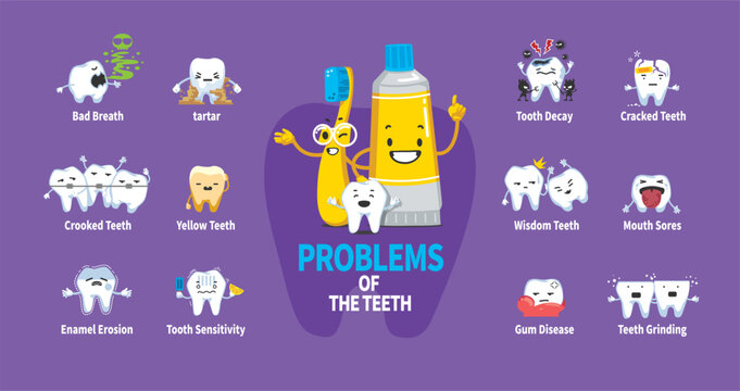 Major problems with teeth. Major dental problems expressed with toothpaste, toothbrush, and tooth characters.