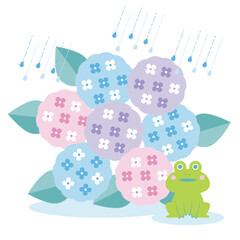 紫陽花とカエルのイラスト