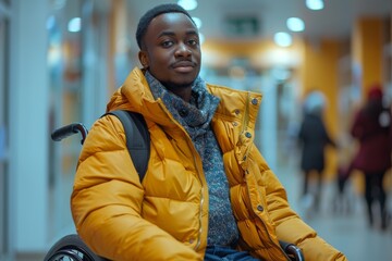 Fototapeta premium Confident young man in a wheelchair at a modern facility with an optimistic expression