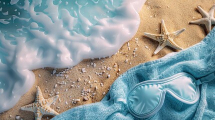 An aromatic embedded relaxation eye mask on a beach towel, with the sound of waves and a gentle breeze, simulating a beach relaxation experience - obrazy, fototapety, plakaty