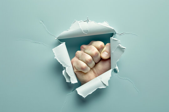 Energetic and inspiring, a fist punch through paper embodies the drive behind motivating, influential messaging 