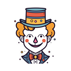Colorful clown illustration cheerful smiling, wearing top hat bow tie. Circus performer vector design bright makeup curly hair. Happy entertainer graphic drawing, festival fun character