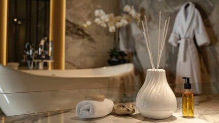 An aromatherapy oil set with a stone diffuser placed on a wooden table in a serene spa environment, surrounded by soft towels and calming green plants