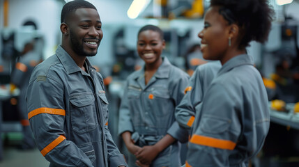 Cheerful industry African American workers in safety uniforms line up and arms crossed together after work success and express smiles and happiness in mechanical factory