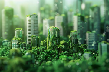 Green skyscraper building with plants in city ecology and green living in downtown, urban environment concept.