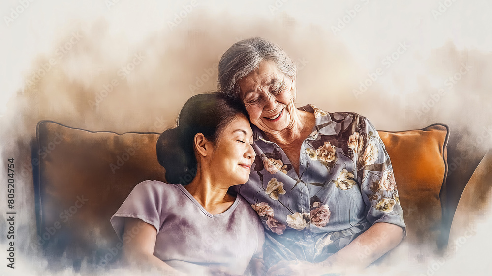 Wall mural watercolor drawing for mother's day, a proud elderly mother hugs her adult daughter with love and la