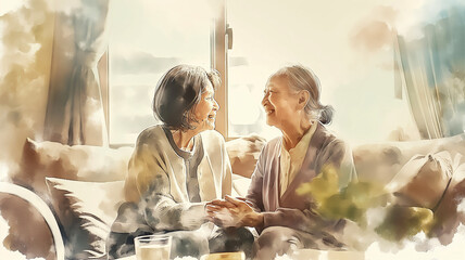 Drawing with warm wishes and sincere smiles of elderly friends sharing moments of pure happiness in communication after separation, family and friendship concept